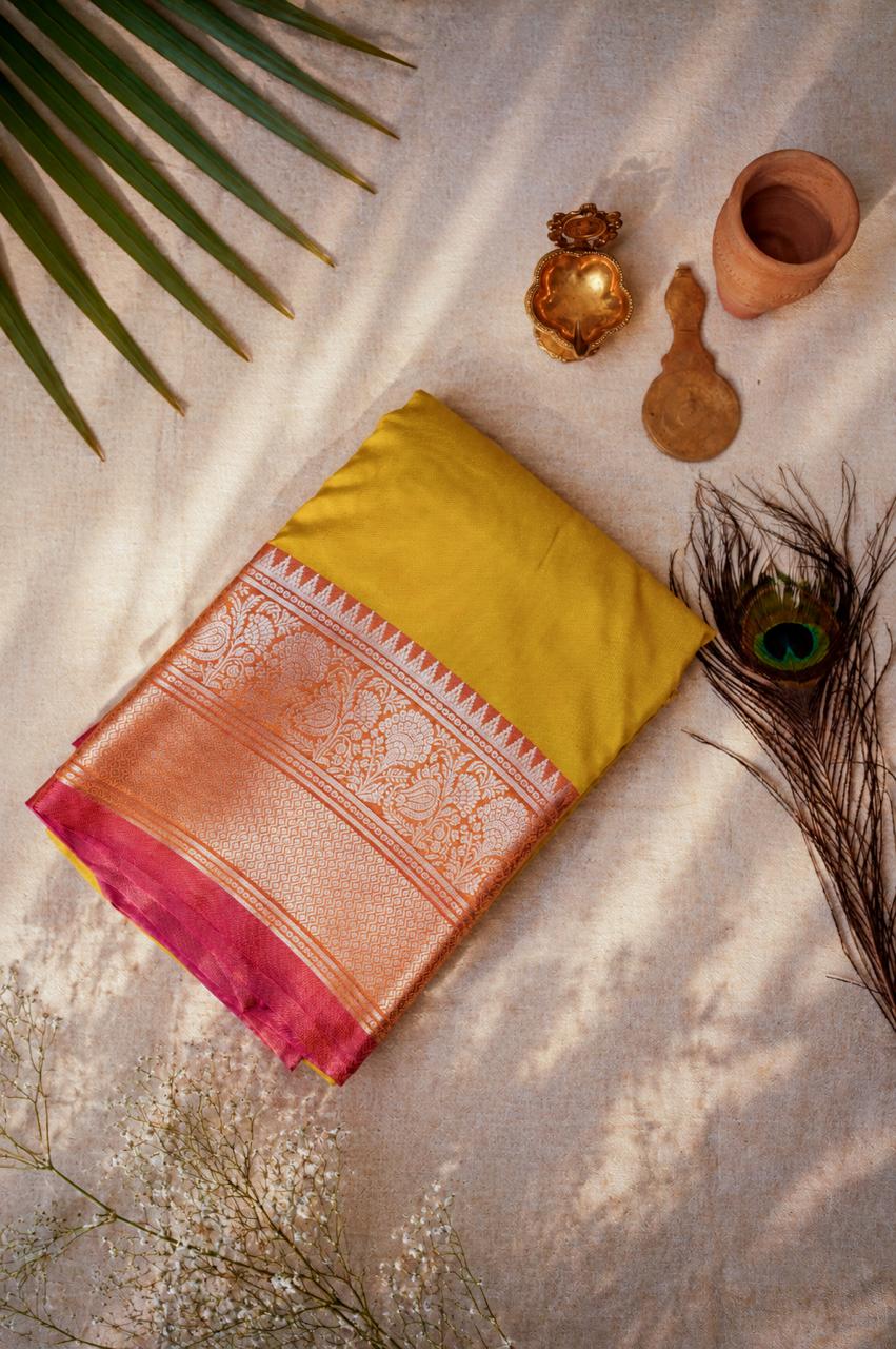 WhatsApp Image 2026-07-31 at 5.21.57 PM Premium Soft Silk Saree – Mustard Yellow with Rose Gold Zari Border - Image 1