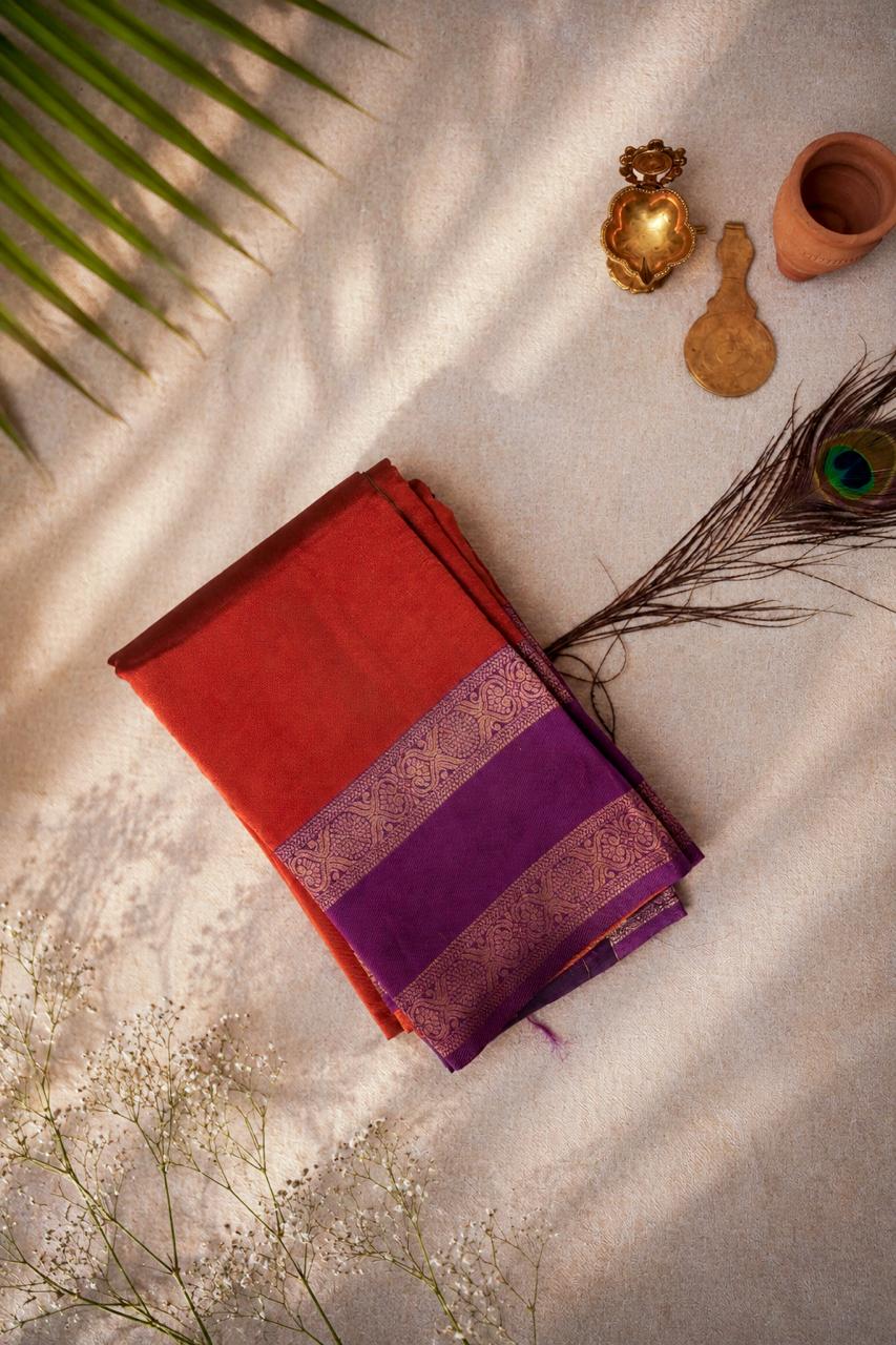 WhatsApp Image 2026-07-31 at 5.21.58 PM Premium Soft Silk Saree – Rust Orange with Royal Purple Zari Border - Image 1